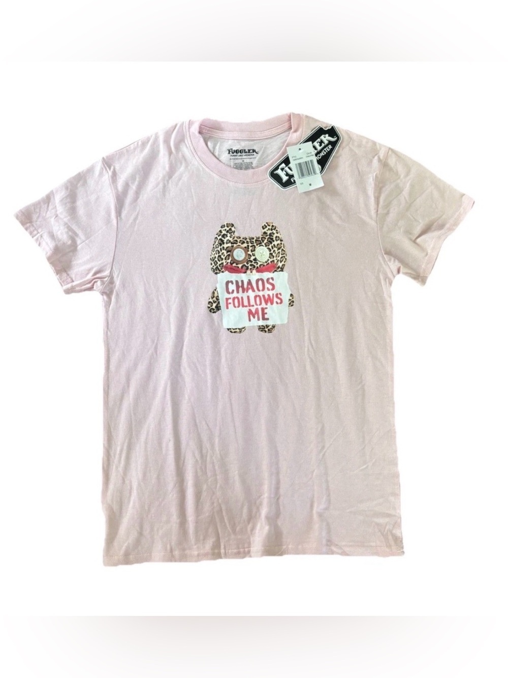 Fuggler “Chaos Follows Me” Graphic T-Shirt Size Medium Pale Pink NWT